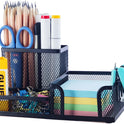 M&G Mesh Pen Holder Desk Organizers Pencil Holder for Desk Black, 3 Compartments Metal Office Supply Organizer with Sticky Notes Holder for School