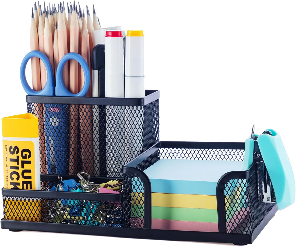 M&G Mesh Pen Holder Desk Organizers Pencil Holder for Desk Black, 3 Compartments Metal Office Supply Organizer with Sticky Notes Holder for School