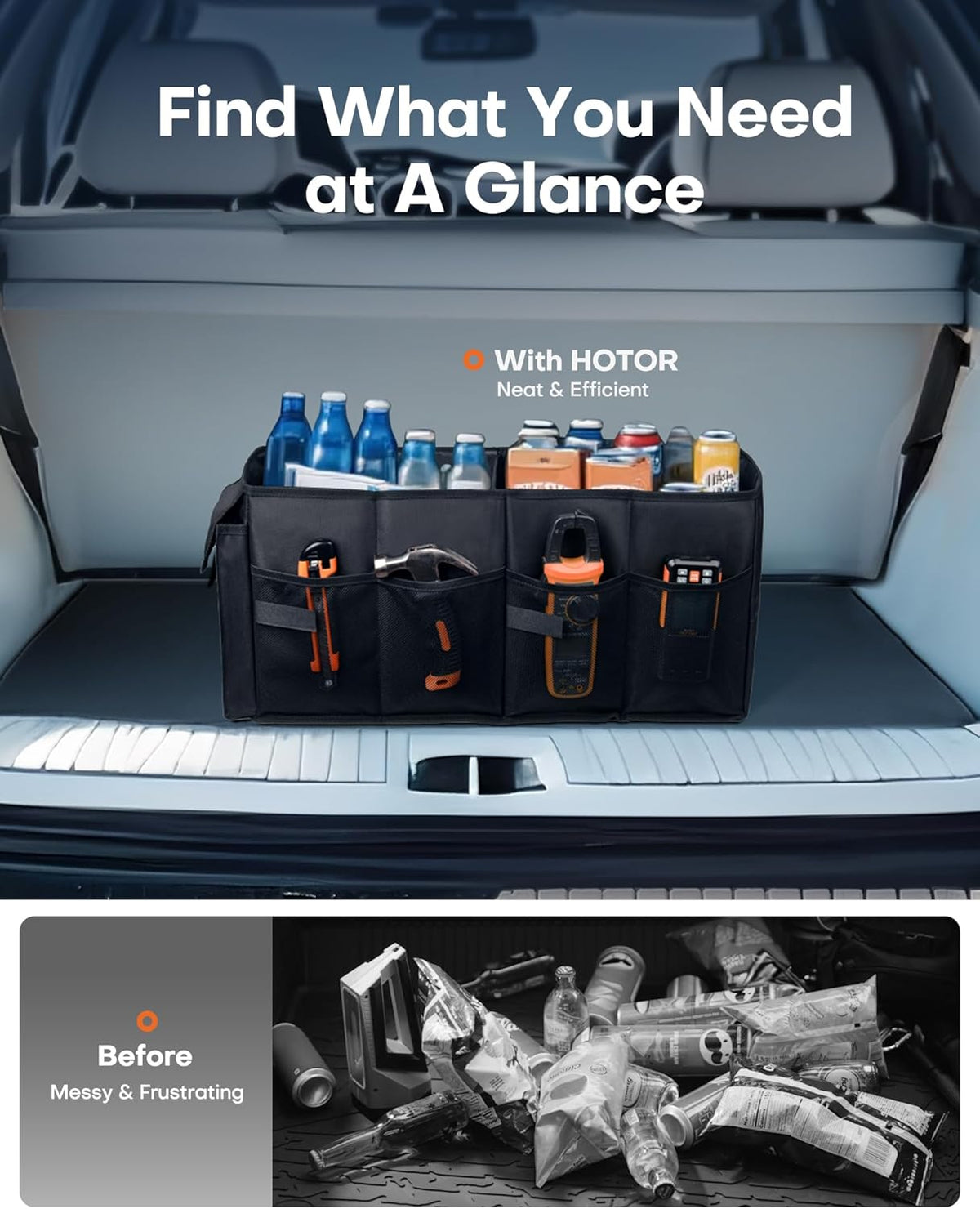 HOTOR Trunk Organizer - Car Organizer, Foldable Trunk organizer for SUVs & Sedans, Sturdy Car Organization for Car Accessories, Tools, Sundries