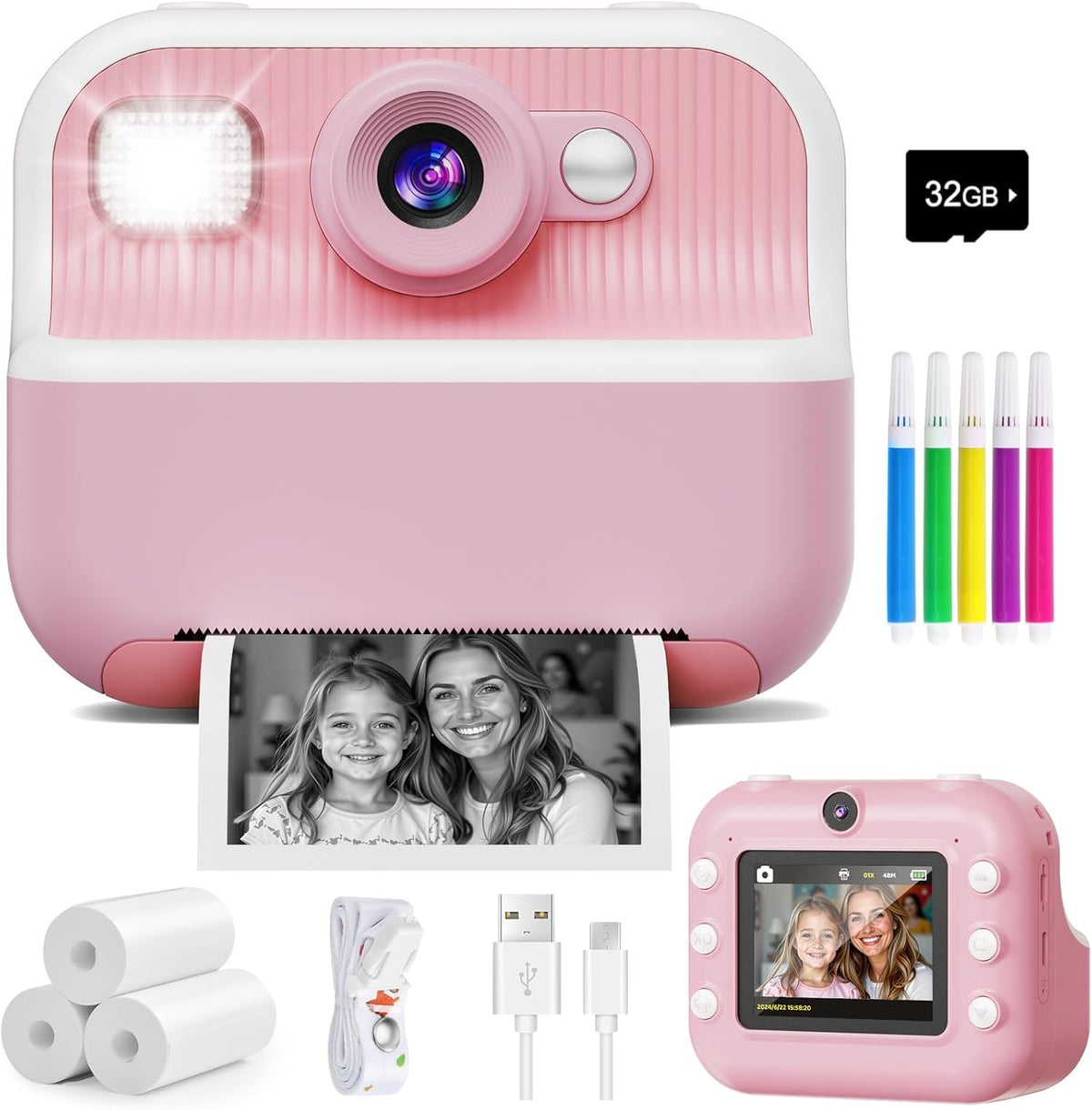 Instant Camera, Front Rear Dual Selfie Kids Camera with 1080P Videos, Holiday Birthday Gifts for Kids Age 3-12, Toddler Portable Travel Print Digital