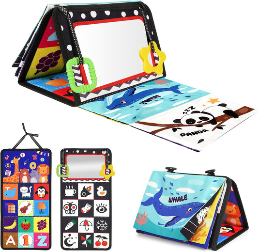 URMYWO Tummy Time Toy - Black and White High Contrast Baby Toys for Newborn - Baby Visual Stimulation Mirror - Montessori Sensory Crinkle Toy for