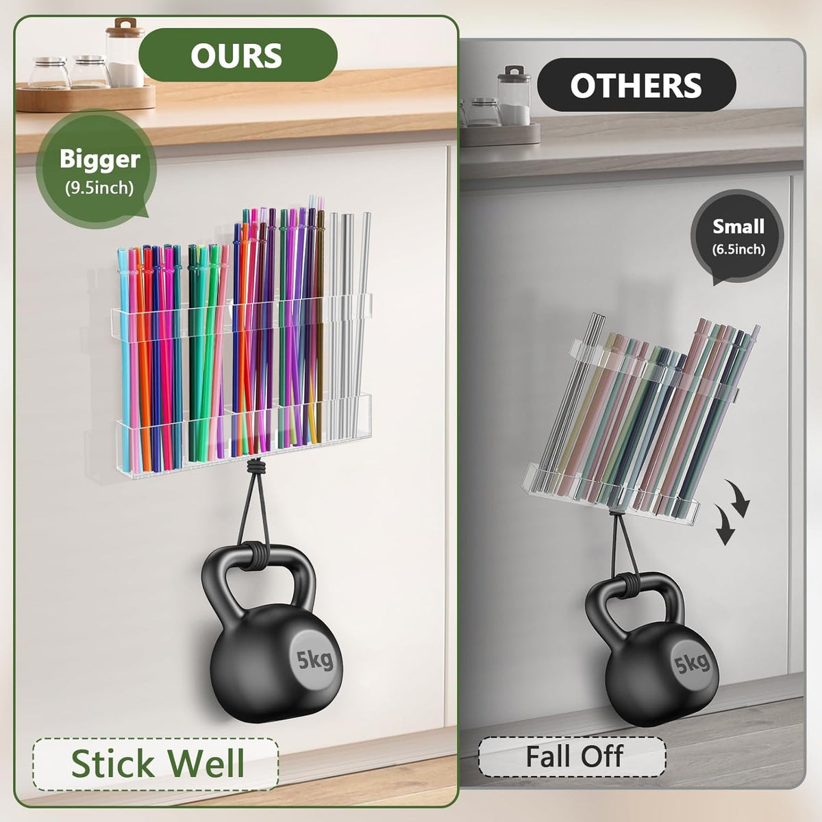 9.5” Large Acrylic Straw Holder for Cabinet Door - Reusable Tumbler Straw Organizer Storage, Small Kitchen Accessories Container, Ultra Sticky