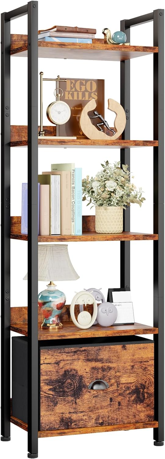 Furologee 5 Tier Bookshelf with Drawer, Tall Narrow Bookcase with Shelves, Wood and Metal Bookshelves Storage Organizer, Industrial Display Standing
