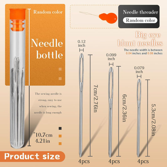 TLKKUE 12 Pcs/3 Sizes Large-Eye Blunt Needles, Steel Yarn Needle with Needle Threader, Tapestry Needle for Sewing Crochet Knitting Embroidery (Silver