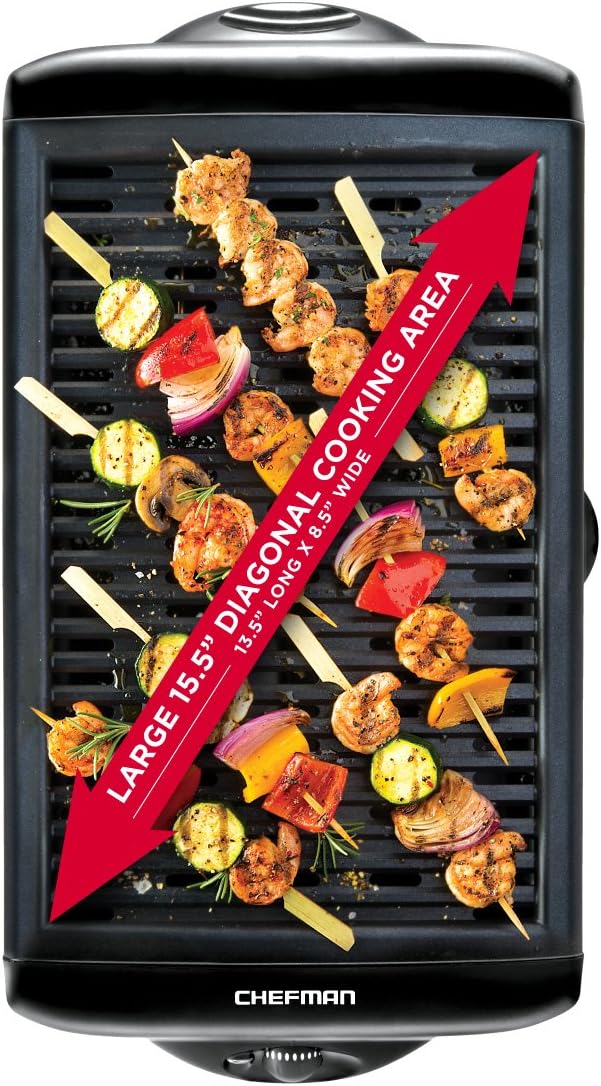 Chefman Electric Smokeless Indoor Grill w/ Non-Stick Cooking Surface & Adjustable Temperature Knob from Warm to Sear for Customized BBQing