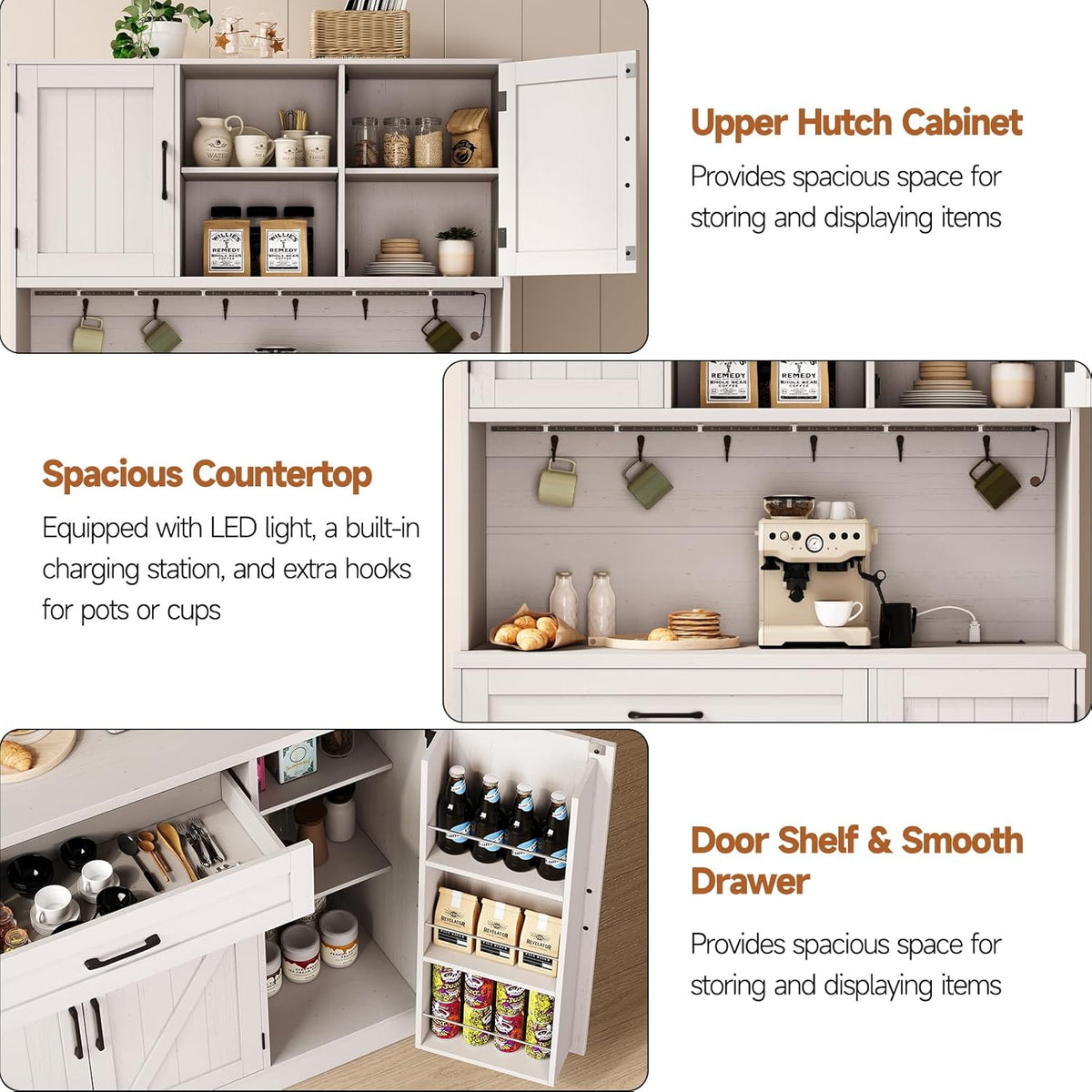 ONBRILL 71" Pantry Cabinet, Kitchen Pantry Storage Cabinet with LED Light & Outlet, Kitchen Hutch with Microwave Shelf & 6 Hooks, Door Shelves