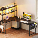 ODK 53 Inch L Shaped Desk with LED Lighting, Reversible Gaming Desk with Power Outlets, Cornor Computer Table with Storage Shelves & Bag & Iron Hook