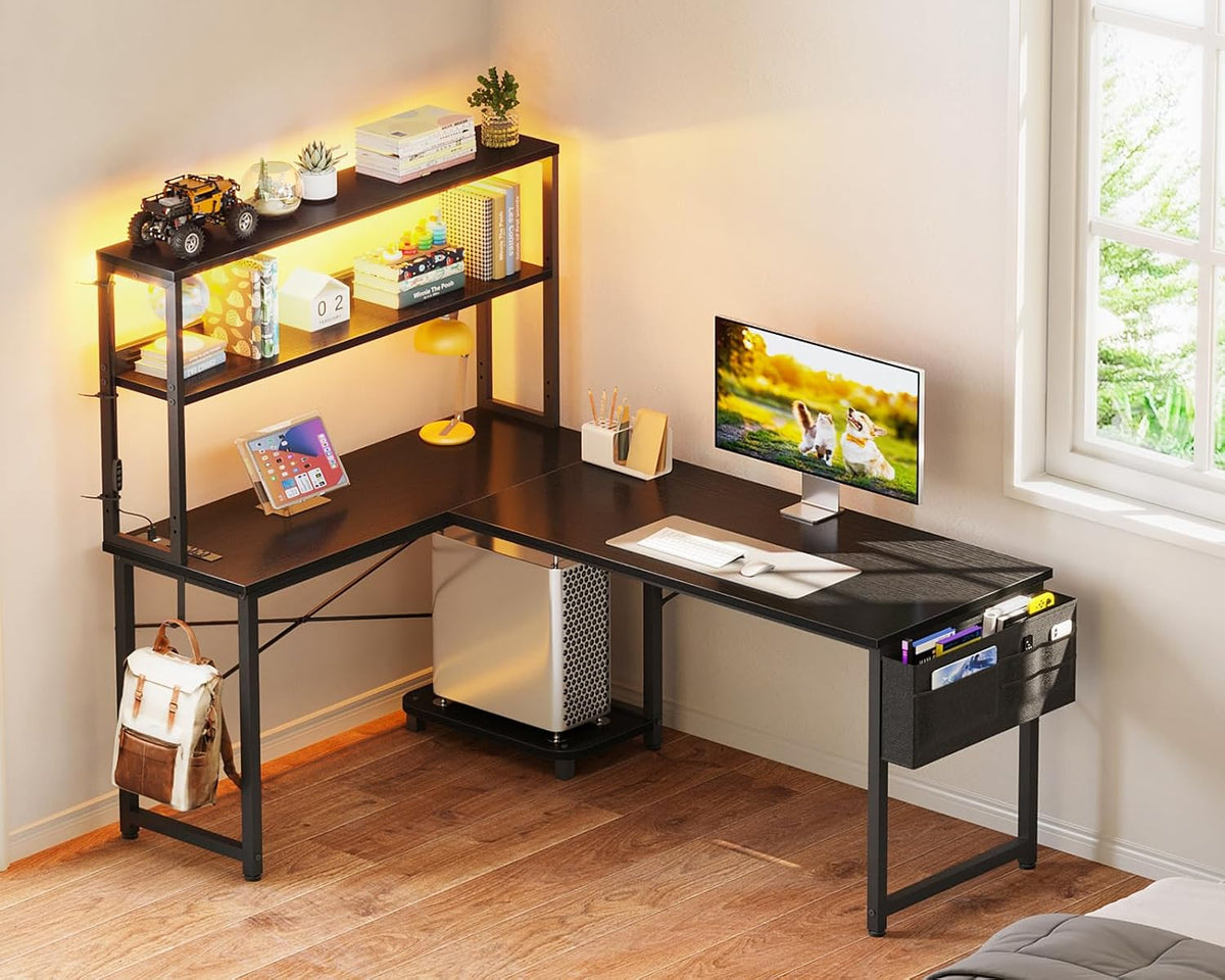 ODK 53 Inch L Shaped Desk with LED Lighting, Reversible Gaming Desk with Power Outlets, Cornor Computer Table with Storage Shelves & Bag & Iron Hook