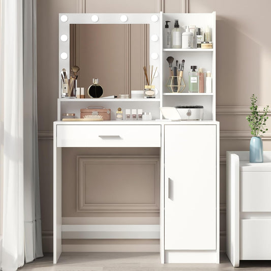 Vanity Desk with Mirror and Light, Large Drawer and Three Level Storage Dresser, 3 Lighting Modes Adjustable Brightness, Bedroom Dressing Table