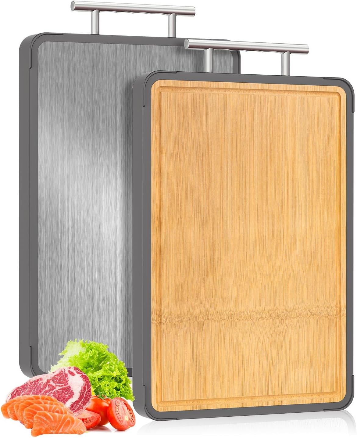 Cutting Boards for Kitchen - Food Grade Double Sided Pure Titanium& Bamboo Chopping Board with Handle, Slip resistant Non-toxic Charcuterie Board