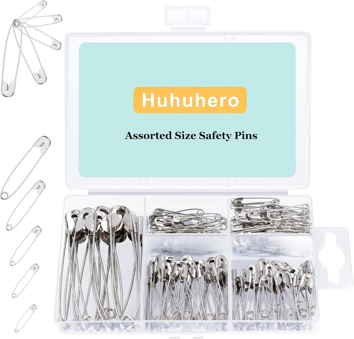 Huhuhero 160Pcs Safety Pins, Large & Small Safety Pins for Clothes Sewing Craft, Nickel Plated Steel Assorted Size Pins Bulk, Art and Craft Supplies