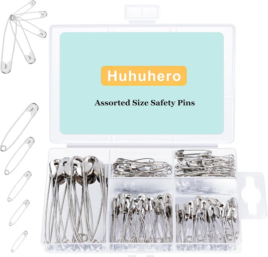 Huhuhero 160Pcs Safety Pins, Large & Small Safety Pins for Clothes Sewing Craft, Nickel Plated Steel Assorted Size Pins Bulk, Art and Craft Supplies