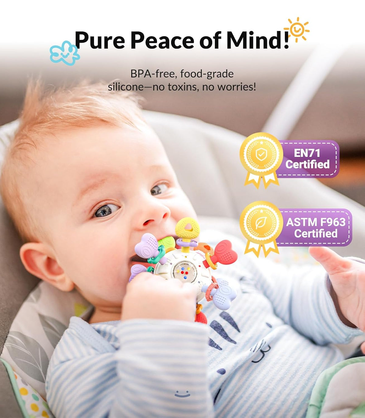Baby Montessori Rattle & Teething Toys - Safe, Multi-Functional BPA-Free Silicone Sensory Learning Teether Baby Toys for Infant 0-12 Months Teething