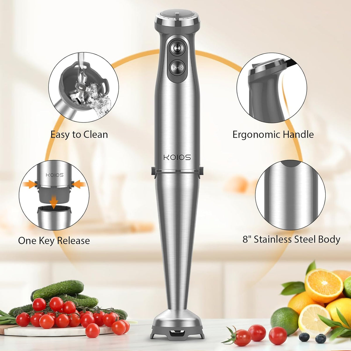 KOIOS Immersion Blender, 1000W Anti-scratch 3-in-1 Hand Blender, Upgraded 12 Speed Stainless Steel Blade Stick Blenders with Turbo Mode, Whisk and