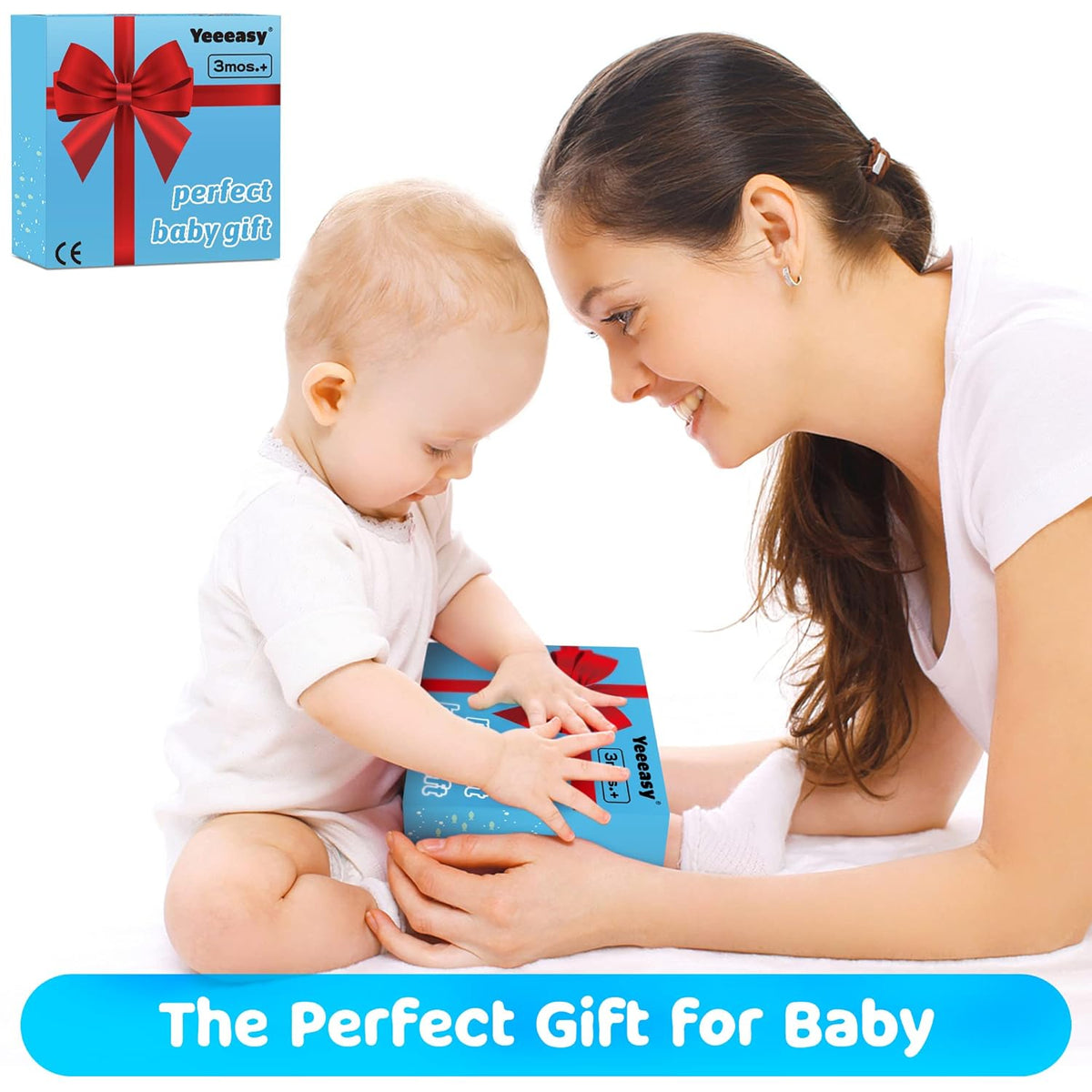 Woman and baby with a blue gift box labeled 'Yeeasy perfect baby gift'.