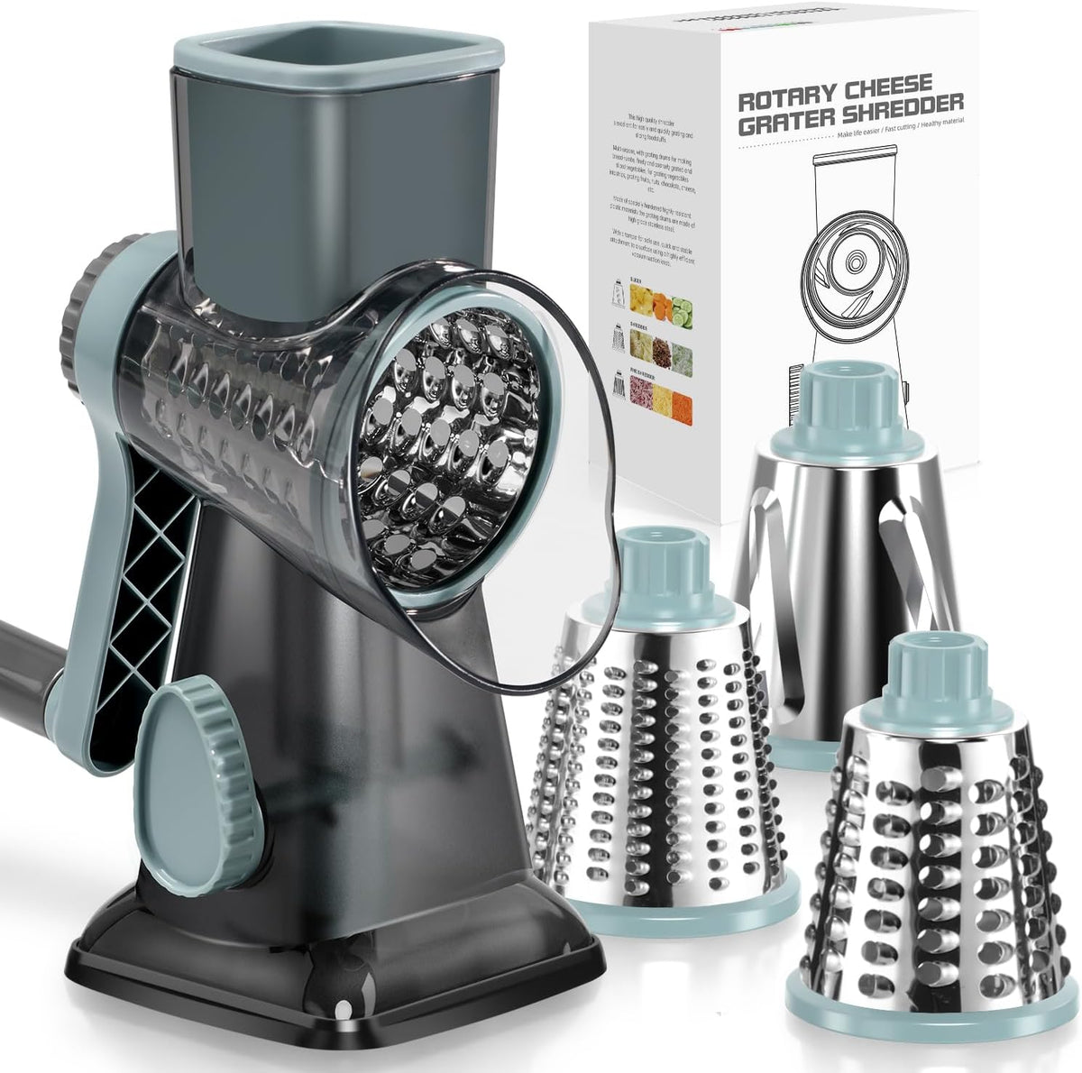 KEOUKE Rotary Cheese Grater Hand Crank Transparent - Shredder Slicer Grinder 3 Stainless Steel Blades, Stable Suction, Labor-Saving Handle, Safe