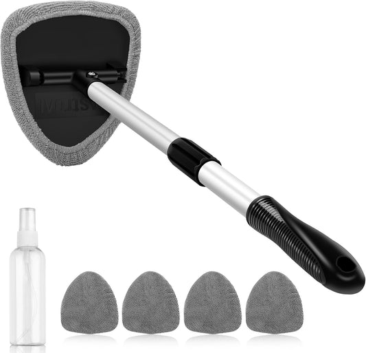 AstroAI Windshield Cleaner Tool, Car Interior Detailing Cleaning Kit with Extendable Handle and 4 Upgraded High-Density Reusable Microfiber Pads