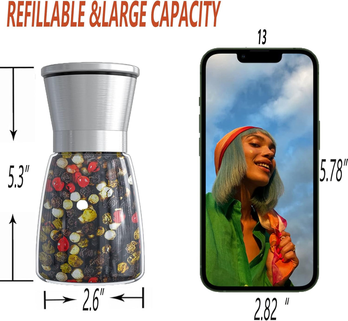Original Stainless Steel Salt or Pepper Grinder - Top Spice Mill with Ceramic Blades, Brushed Stainless Steel and Adjustable Coarseness By Pepper