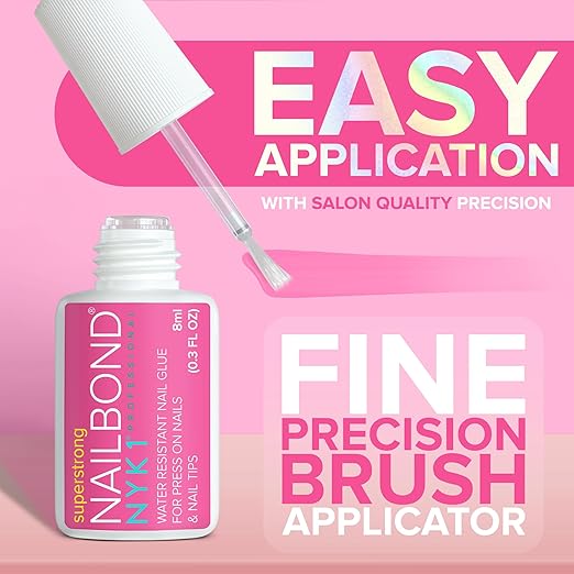 Super Strong Nail Glue for Press On Nails, Nail Tips & Acrylic Nails (8ml) NYK1 NailBond Brush On Glue for Press Ons, Tips & Acrylics - Long Lasting