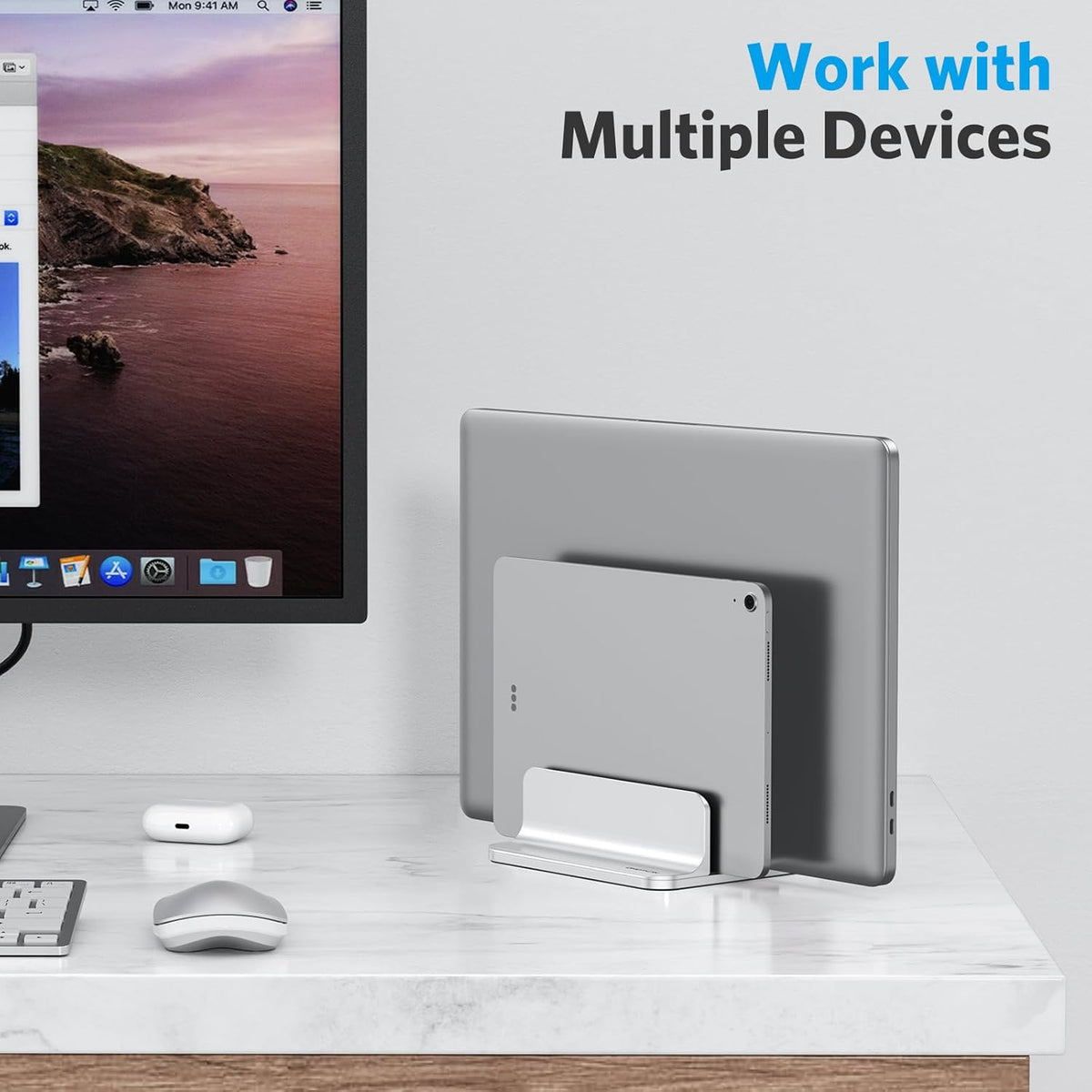 OMOTON [Updated Dock Version] Vertical Laptop Stand, Double Desktop Stand Holder with Adjustable Dock (Up to 17.3 inch), Fits All