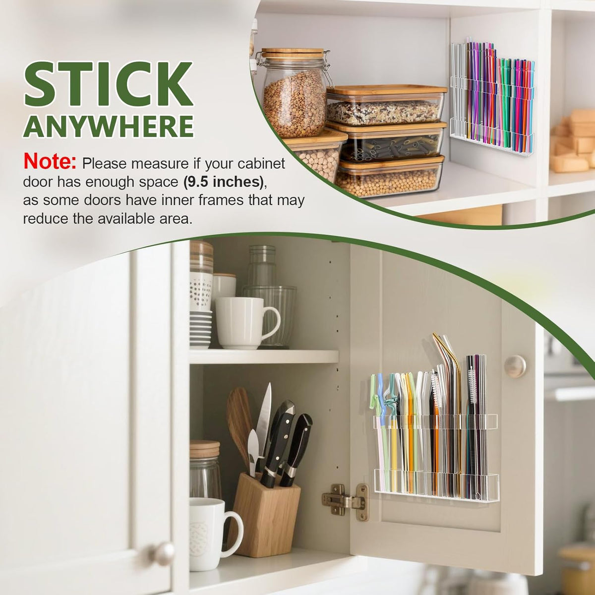 9.5” Large Acrylic Straw Holder for Cabinet Door - Reusable Tumbler Straw Organizer Storage, Small Kitchen Accessories Container, Ultra Sticky