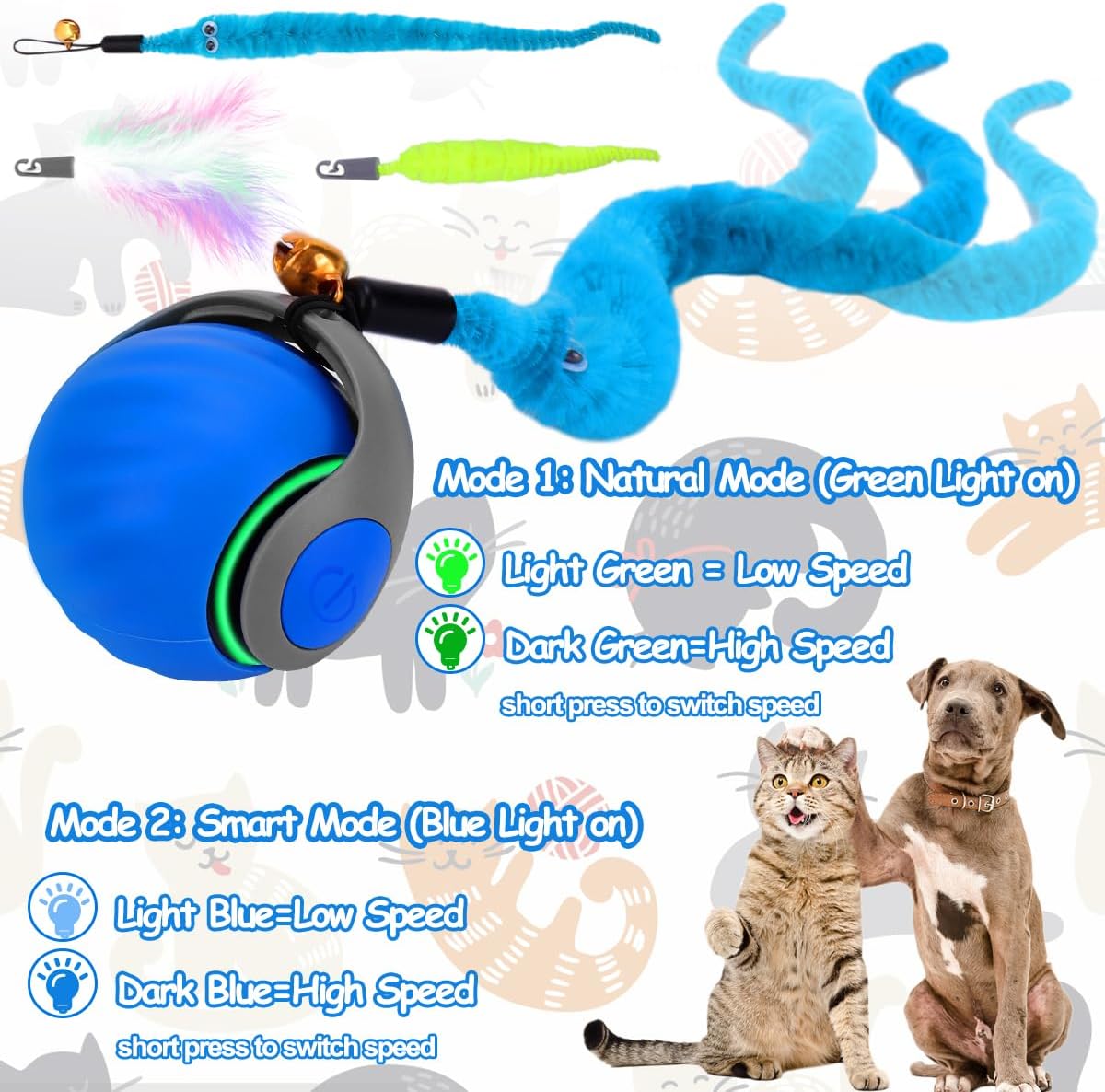 Interactive Cat Toy Ball - Speedy Cat Toys for Indoor Cats with Feather Tails for Chasing, Moving Stimulation Smart Cat Toy for Enrichment, Motion