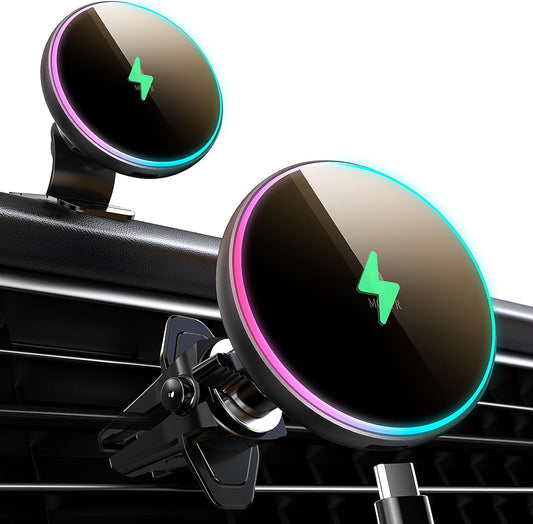 MOKPR for Magsafe Car Mount Charger-15W Wireless Car Charger-Magnetic Car Phone Holder for Dash Air Vent-LED RGB HandsFree Car Mount Fast Car Charger