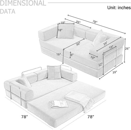 4-in-1 Folding Convertible Sofa Bed, 78 Inch Oversized Corduroy Upholstered Boneless Couch, Loveseat Sleeper with Pull Out Bed, Floor Sofa Modular