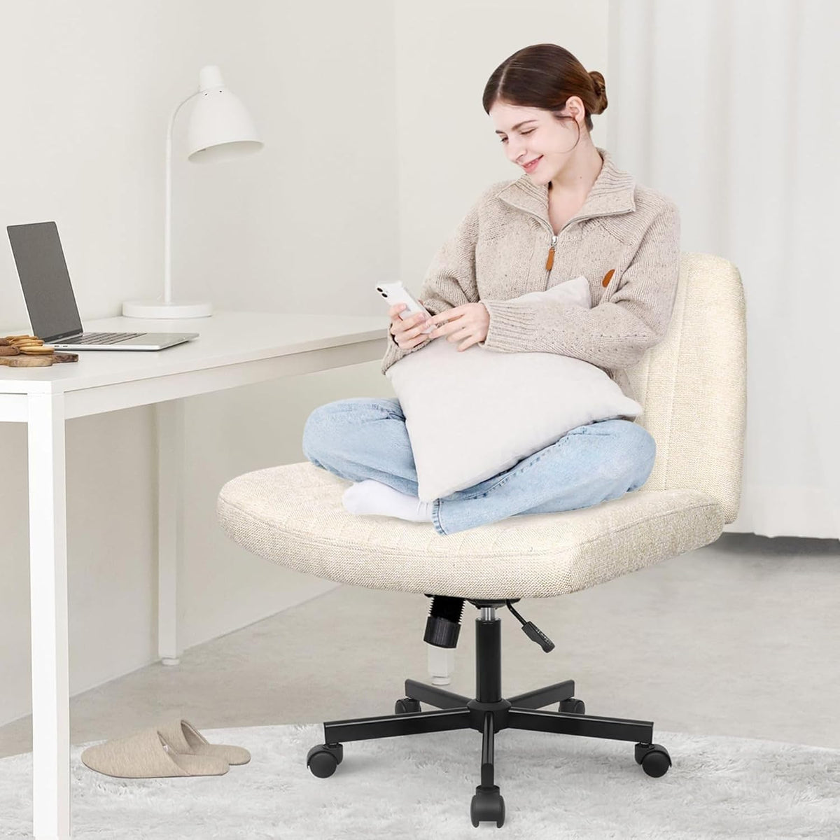 Orange Factory Criss Cross Chair Wheels Wide Cross Legged Office Desk Vanity Chair Comfy Fabric Armless Adjustable Swivel for Home Computer Task