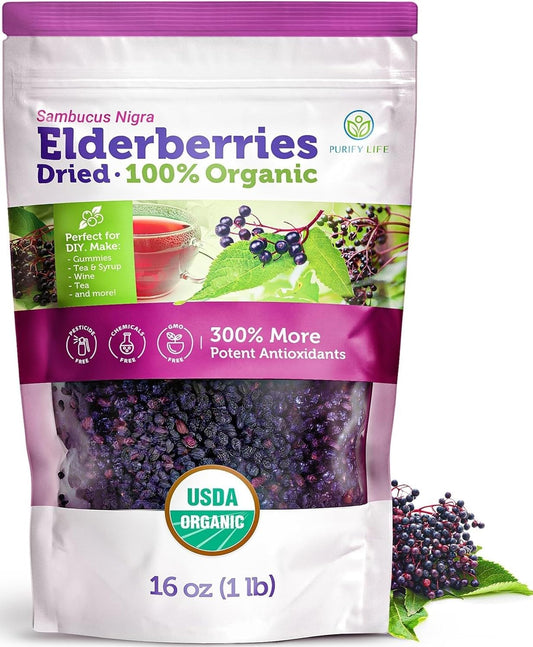 Certified USDA - 100% Organic Dried Elderberries - 1lb Bulk - Non-Irradiated, Non-Gmo, Whole Black Elderberry Immune Support For Making Elder Syrup