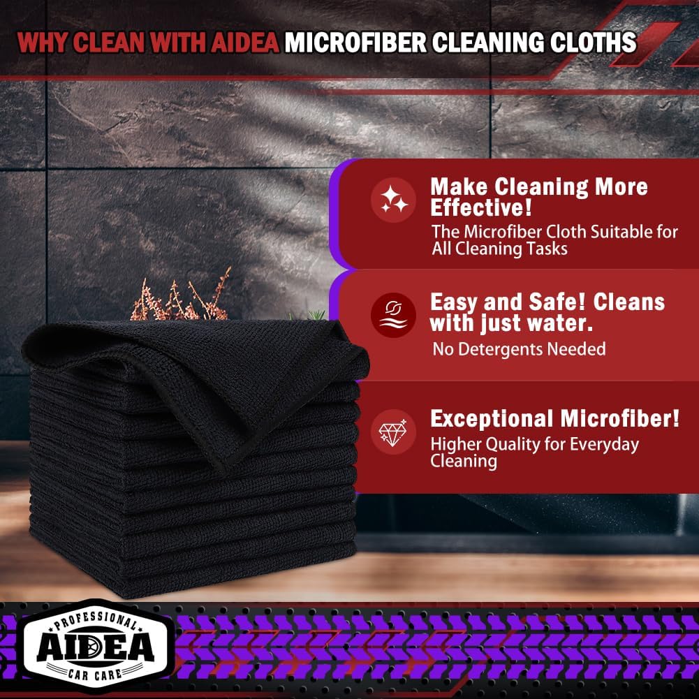 AIDEA Microfiber Cleaning Cloth Black 10PK, Microfiber Towels for Cars, Premium Wash Cloths, Dusting Cloth Lint Free Cleaning Rags for SUVs, House