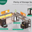AODK 66" L Shaped Desk, 113" Computer Desk with File Cabinet & 4 Fabric Drawers, Home Office Desk with Monitor Shelf & Power Outlet, Two Person Desk