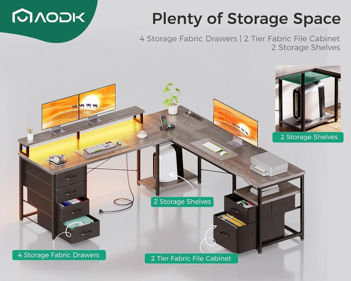 AODK 66" L Shaped Desk, 113" Computer Desk with File Cabinet & 4 Fabric Drawers, Home Office Desk with Monitor Shelf & Power Outlet, Two Person Desk