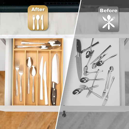 Silverware Organizer Kitchen Drawer Organizer Utensil Organizer Bamboo Silverware Holder Cutlery Organizer in Drawer Flatware Organizer Tray(5 slots