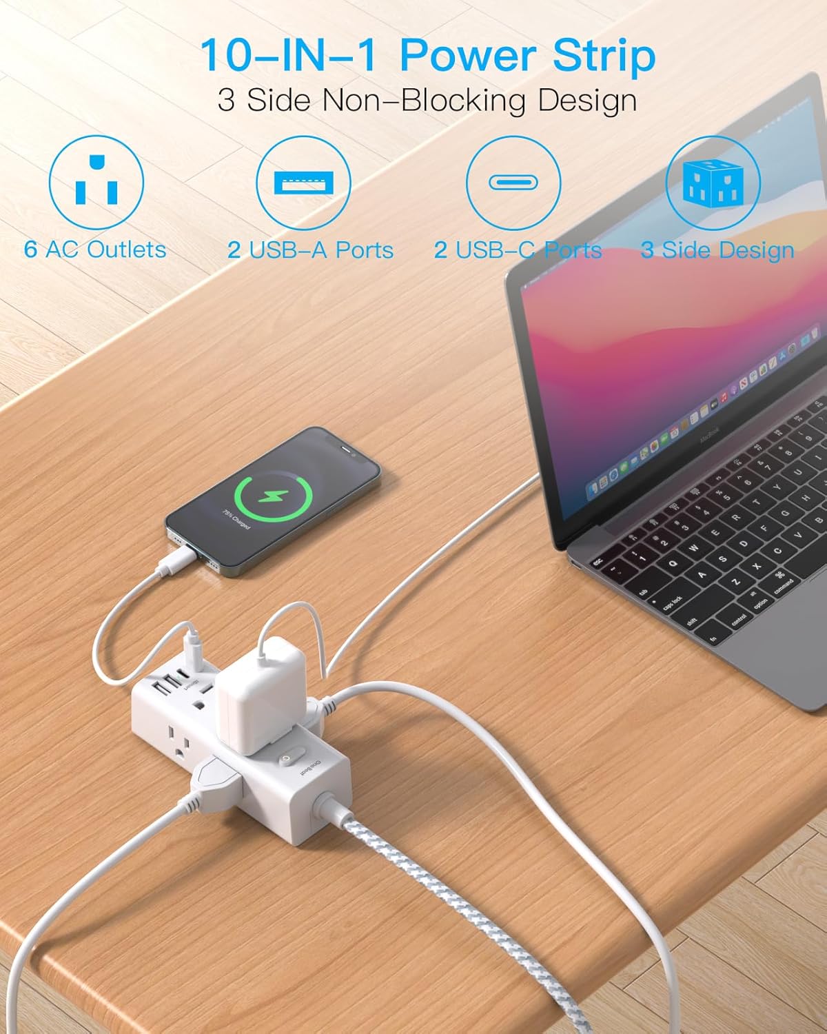 Power Strip Surge Protector - One Beat 6 Widely Outlets with 4 USB Ports (2 USB C), 5 Ft Extension Cord Flat Plug, Wall Mount Outlet Extender Small