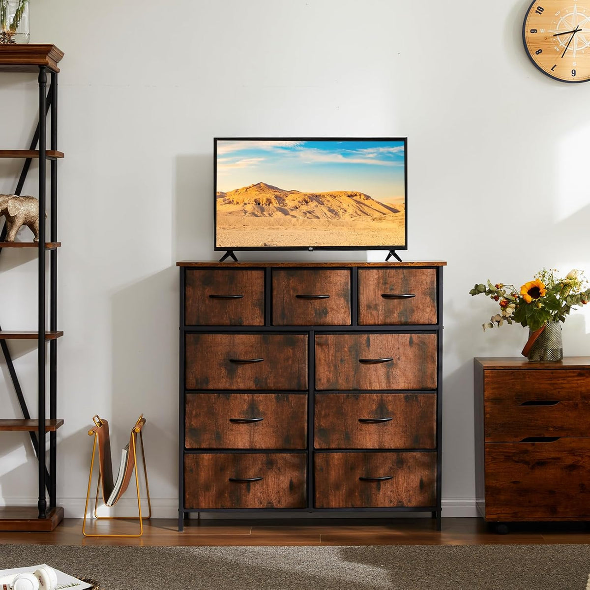 DUMOS Dresser for Bedroom, Storage Organizer with 9 Drawers, Chest of Drawers with Fabric Bins, Sturdy Metal Frame, Wood Tabletop for Guest Room