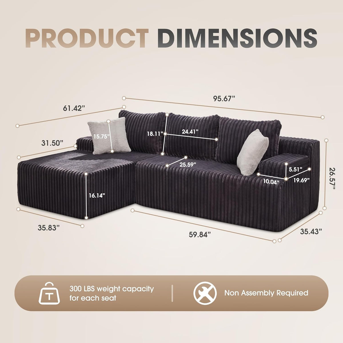 Hobestluk 96“ Modular Sectional Sofa Couches L-Shape Couch 3 Seat Modular Sofa Memory Foam Sectional Couches for Living Room, Cloud Couch with