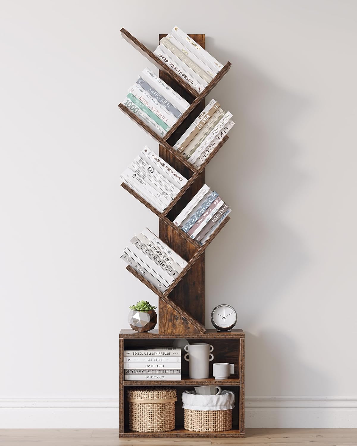 SUNMORY 6 Tier Tree Bookshelf, Small Bookcase with Storage Cabinet, Modern Tall Narrow Bookshelves Organizer, Floor Standing Book Shelf for