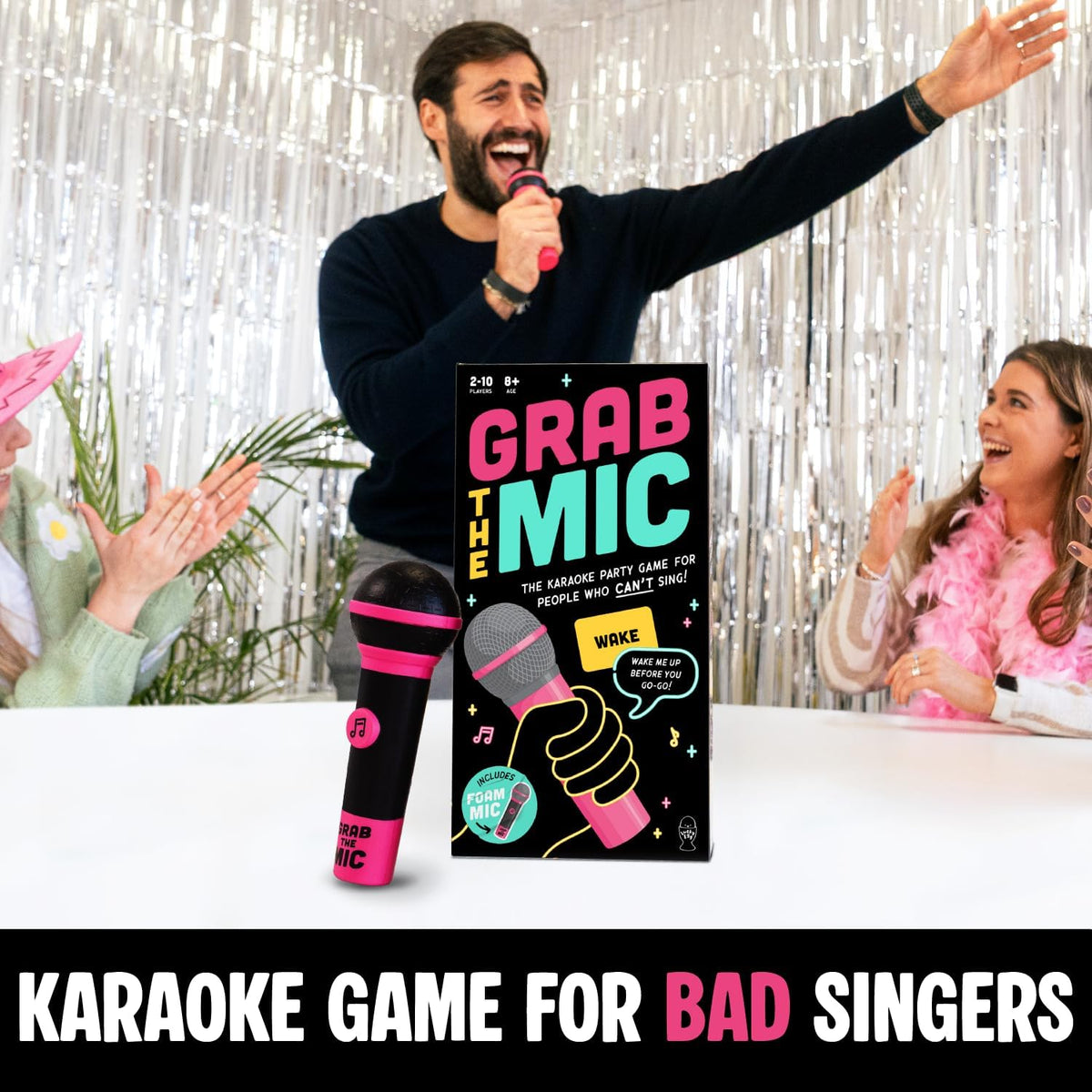Lucky Egg Official Grab The Mic – Family Karaoke Board Game w/Foam Mic, 8+ Ages, 2-10 Players - Games for Bad Singers w/ 240 Lyrics (120 Cards)