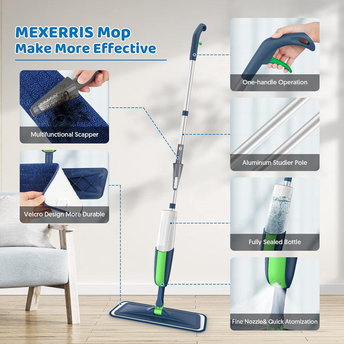 Spray Wet Mops for Hardwood Floor Cleaning: MEXERRIS Floor Mop with 5 Washable Pads for Swiffer Powermop & 2 Refillable Bottles - Home Commercial