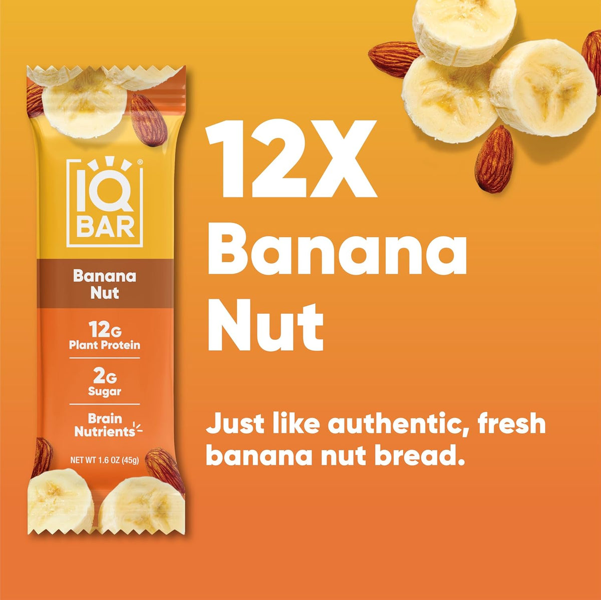 IQBAR Clean Plant Protein Bars - Banana Nut - 12 Count - Keto, Vegan, High Fiber, Gluten and Dairy Free, Low Sugar Snack - Brain and Body Nutrients