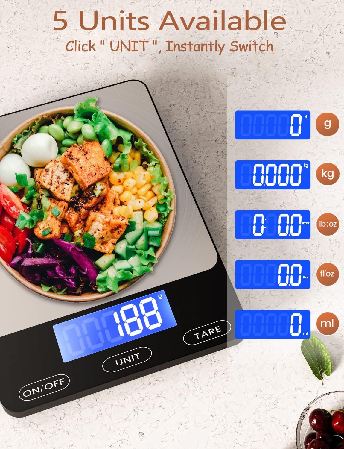 Food Scale -33lb Digital Kitchen Scale for Food Ounces Grams Rechargeable 304 Stainless Steel,Batteries and Type-C Charging | Perfect for Meal Prep