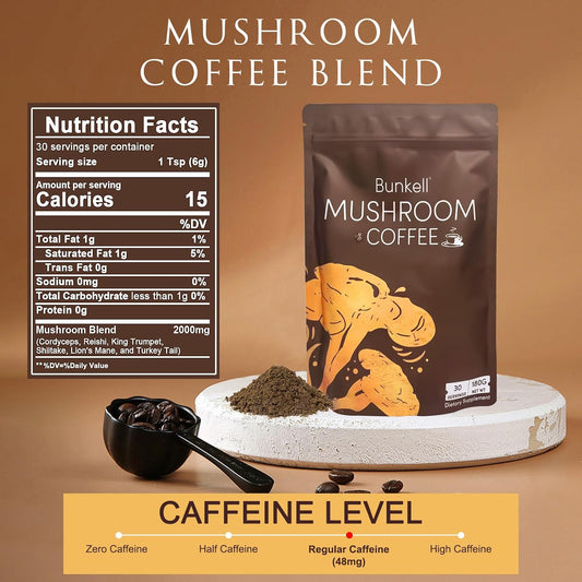 Mushroom Coffee, Adaptogenic 6 Mushrooms with Lion's Mane, Reishi, Cordyceps, Shiitake, King Trumpet & Turkey Tail, Instant Coffee Powder for Energy