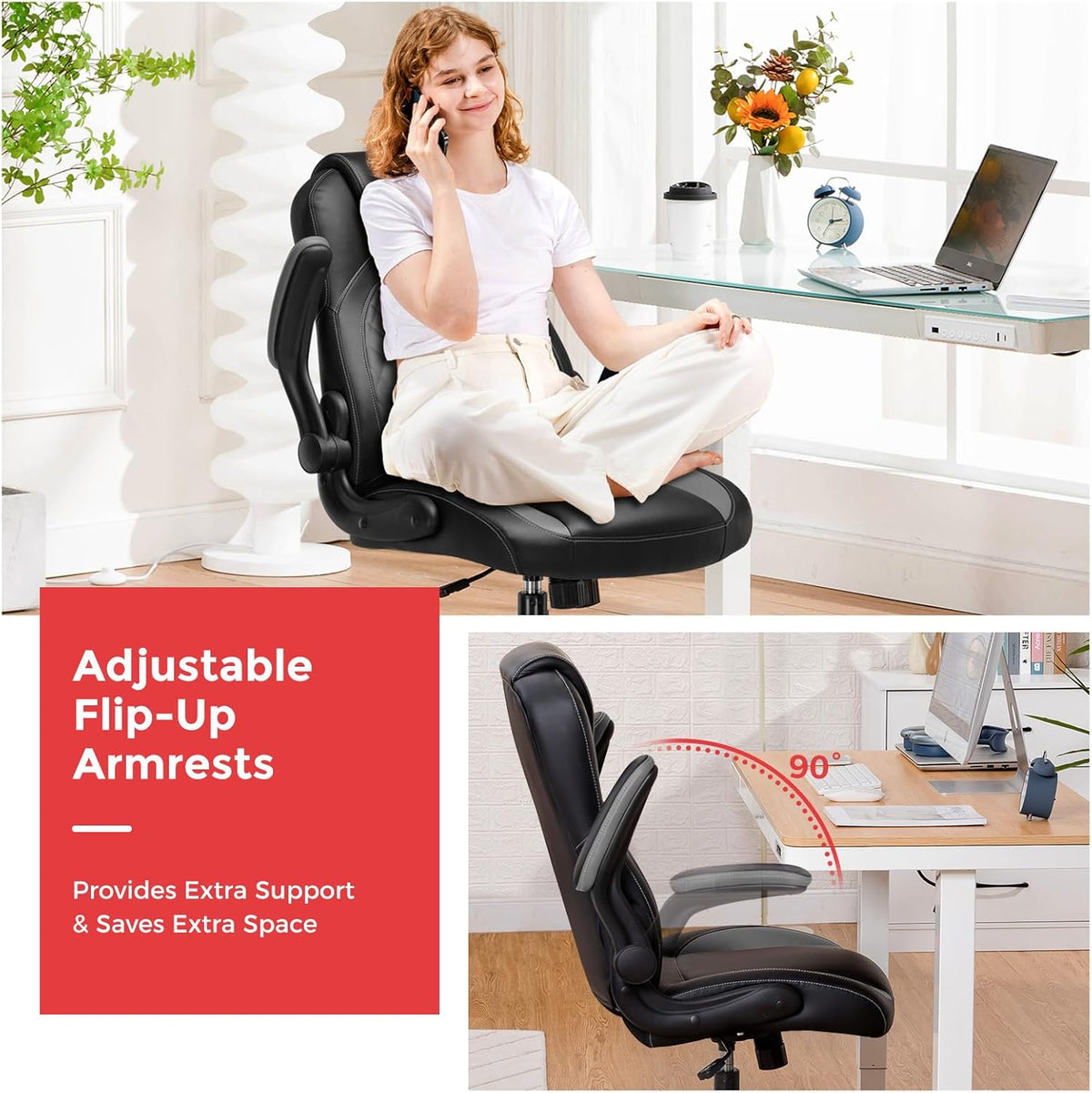 GTRACING Office Computer Gaming Chair Ergonomic Desk Chair for Adults with Lumbar Support Flip-Up Arms Adjustable Height Swivel Wheels PU Leather
