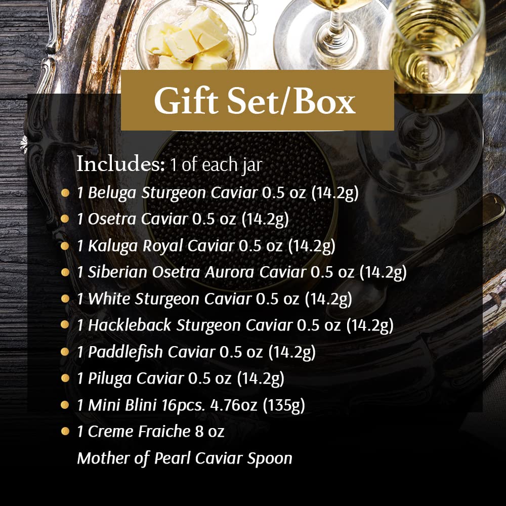 OLMA Caviar Taster Gift Set - 4 oz (112g) of Caviar, Includes 8 Varieties of Caviar Fish Roe (Beluga Hybrid, Osetra, Kaluga Royal, Hackleback
