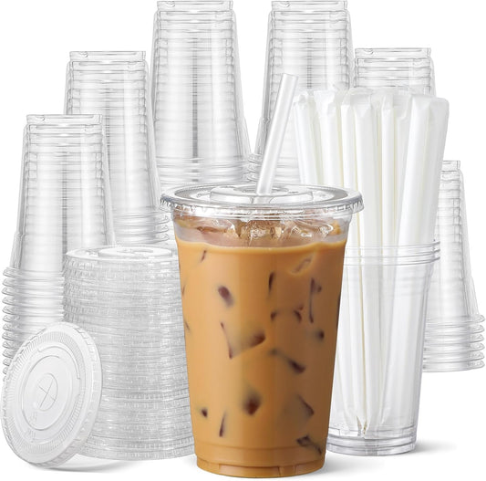 AOZITA 100 Pack - 16 oz Clear Plastic Cups with Lids and Straws, Food Safe Disposable Iced Coffee Cups for Cold Beverages, Smoothies, Iced Coffee