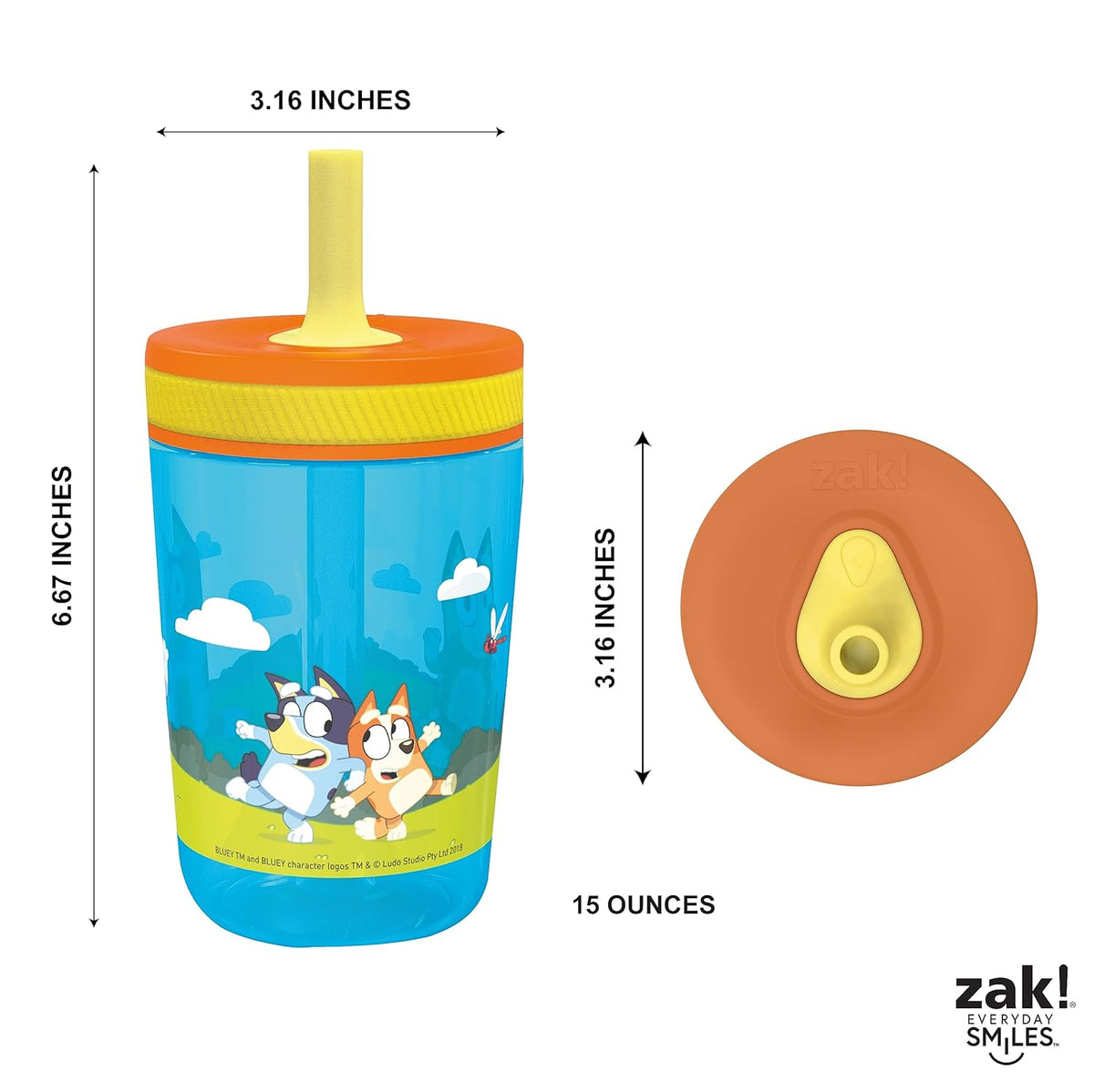 Zak Designs 15oz Bluey Kelso Tumbler Set, Leak-Proof Screw-On Lid with Straw Made of Durable Plastic and Silicone, Perfect Bundle for Kids, 2 Count