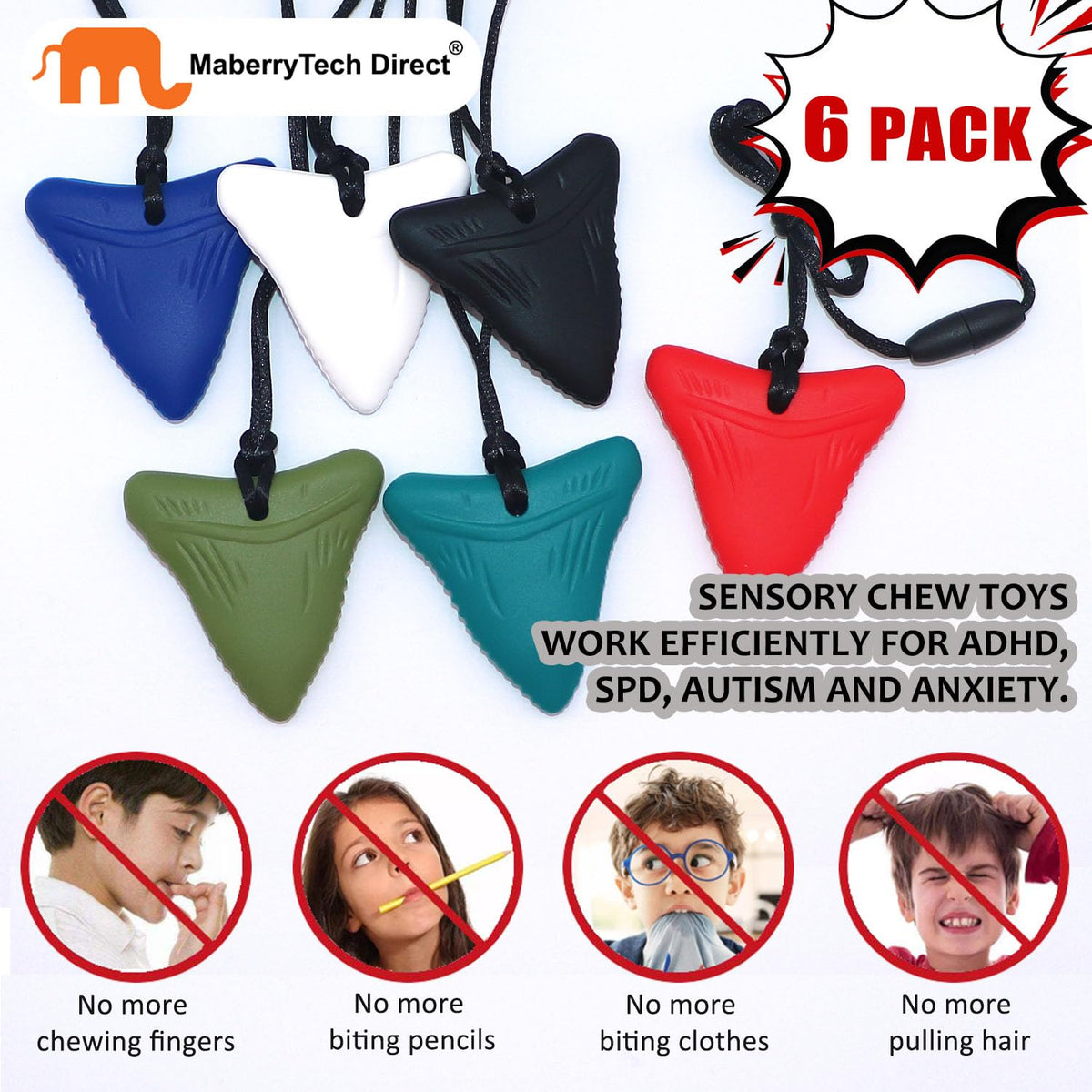 Chew Necklaces for Sensory Kids, 6 Pack Chewy Necklace Sensory Toys for Autism, ADHD, Anxiety- Silicone Teething Necklace Oral Chew Toys for Boys