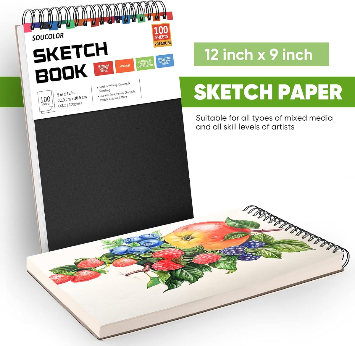 Soucolor Sketch Book, Spiral Bound Acid-Free Sketchbook with 68lb/100gsm for Paper Painting, Drawing, Writing, Artist Sketching Pad for Kids, Adults