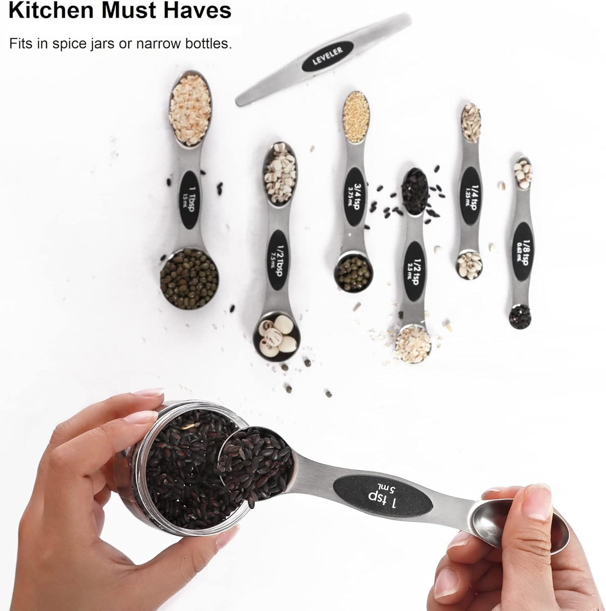 Magnetic Measuring Spoons Set Stainless Steel with Leveler, Stackable Metal Tablespoon Measure Spoon for Baking, Cups and Spoon Set Kitchen Gadgets